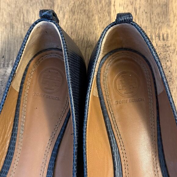 Tory Burch Ballet Flat Mini Miller Logo Leather Matte Micro Tejus Blue Size 9.5 - Picture 6 of 10
